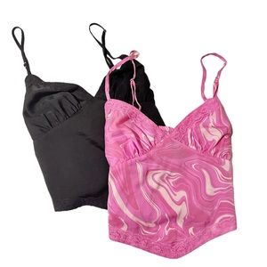 SET OF TWO Women's Trim Satin Tank Wild Fable Target Pink Swirl and Black Lace